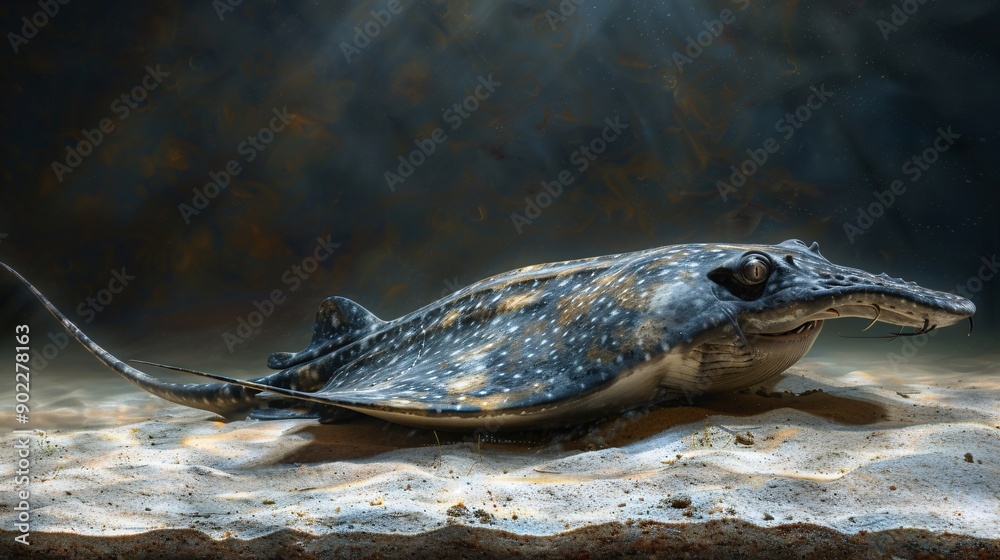 Poster eerie scene of a stingray with a body formed from oil drums and chemical runoff swimming near the se