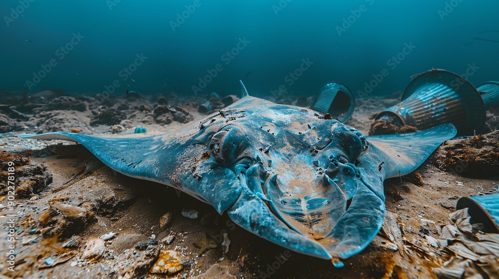Poster eerie scene of a stingray with a body formed from oil drums and chemical runoff swimming near the se