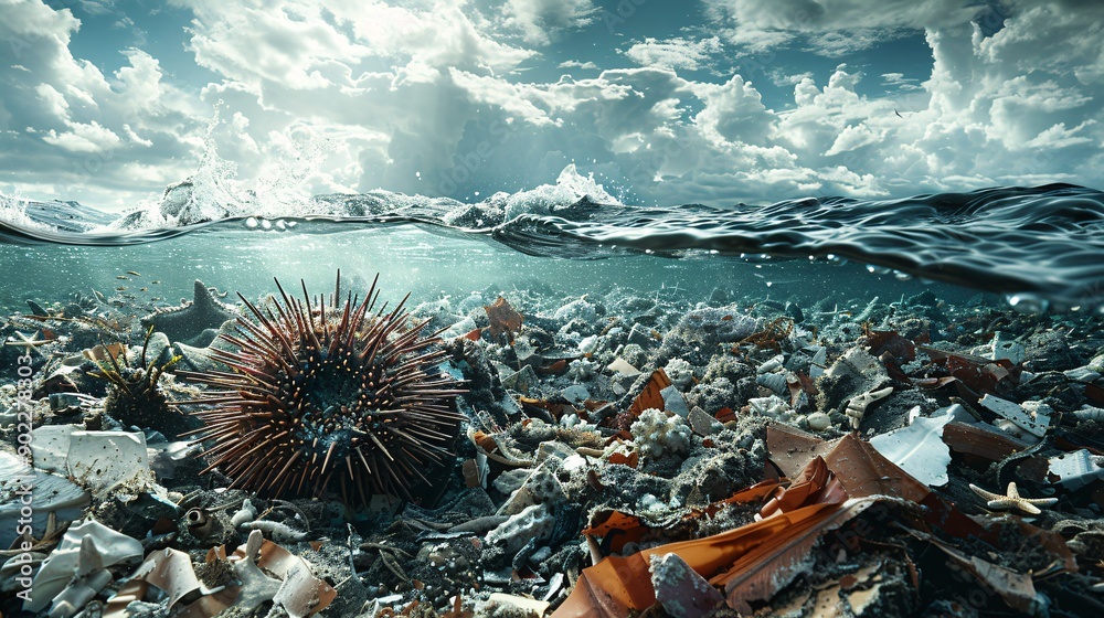 Poster detailed image of a sea urchin composed of broken glass and plastic shards in a haunting underwater 