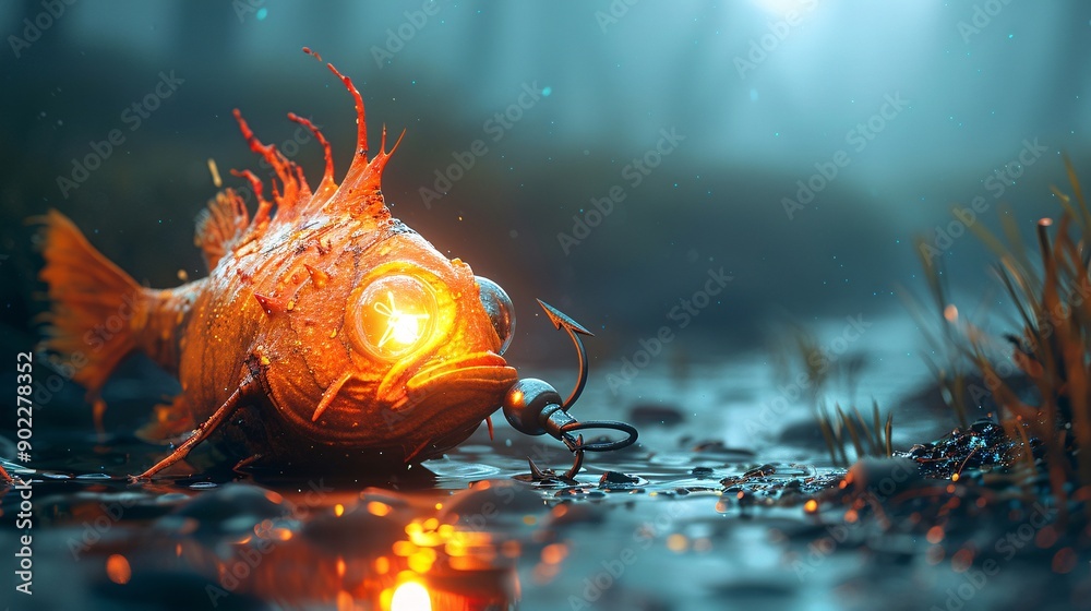 Poster High-resolution depiction of an anglerfish with a lure made from discarded light bulbs and metal scraps in a polluted ocean ensuring significant empty space around the edges Stock Photo with copy