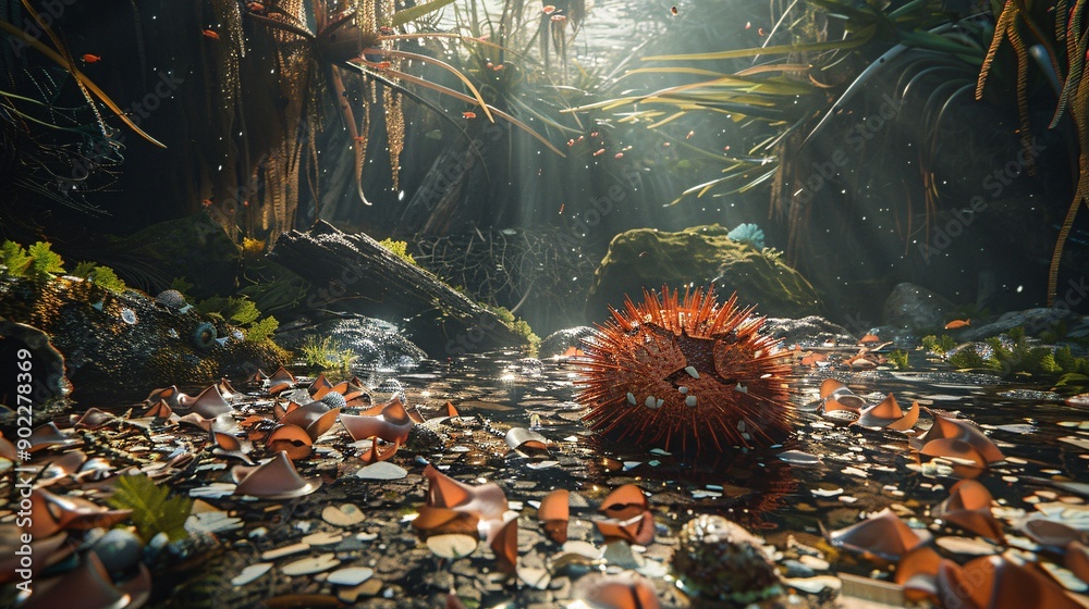 Poster detailed image of a sea urchin composed of broken glass and plastic shards in a haunting underwater 