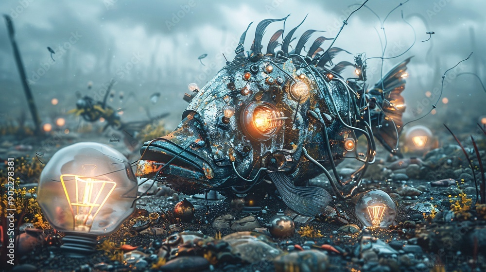Poster high-resolution depiction of an anglerfish with a lure made from discarded light bulbs and metal scr