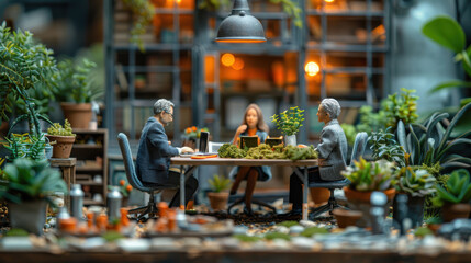 Naklejka premium A group of people are sitting at a table with plants in the background