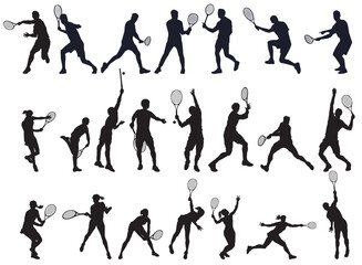 silhouette of a tennis player in different action