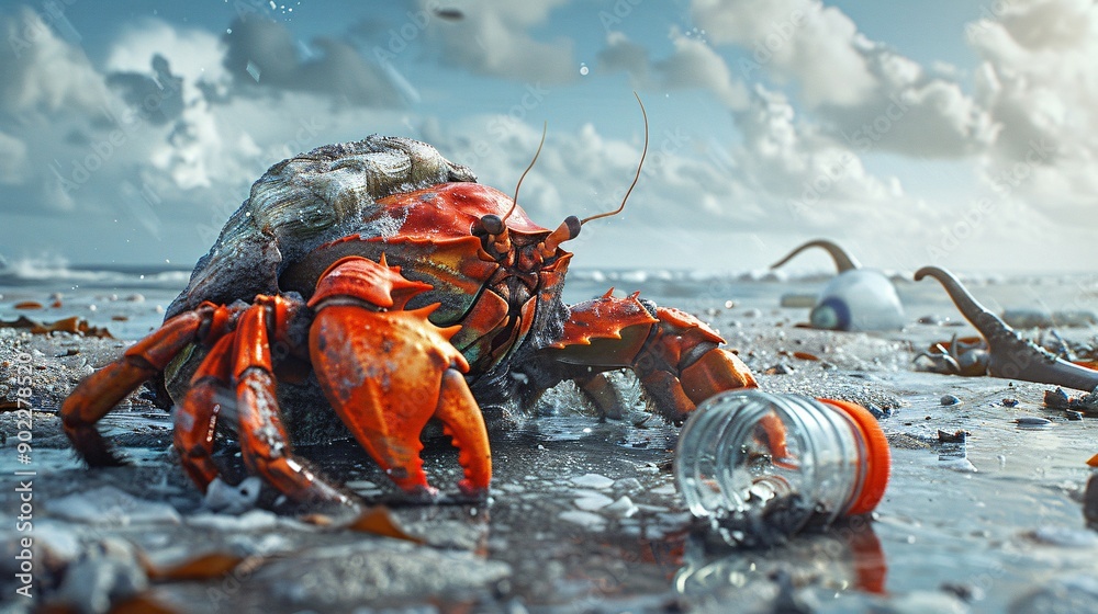Poster Surrealistic image of a hermit crab using a plastic bottle cap as its shell in a contaminated seabed with significant empty space on the right side of the image Stock Photo with copy space