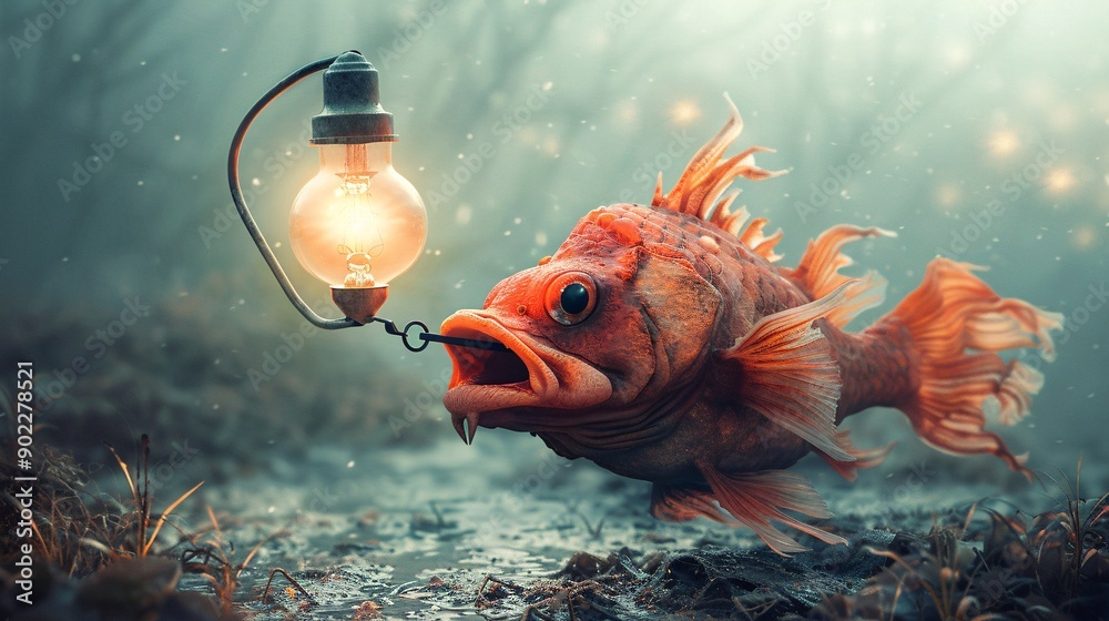 Poster high-resolution depiction of an anglerfish with a lure made from discarded light bulbs and metal scr
