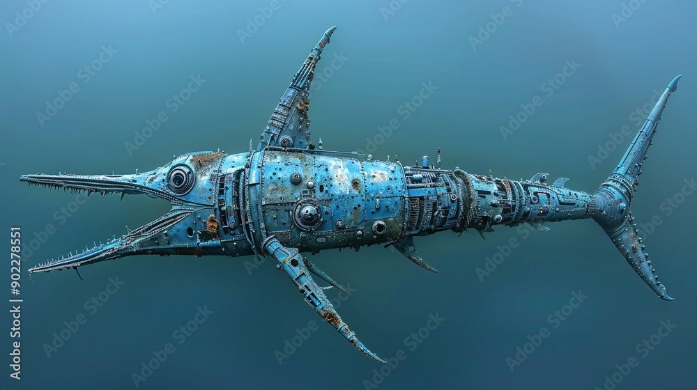 Poster detailed depiction of a swordfish with a bill made from metal rods and plastic waste in a murky unde