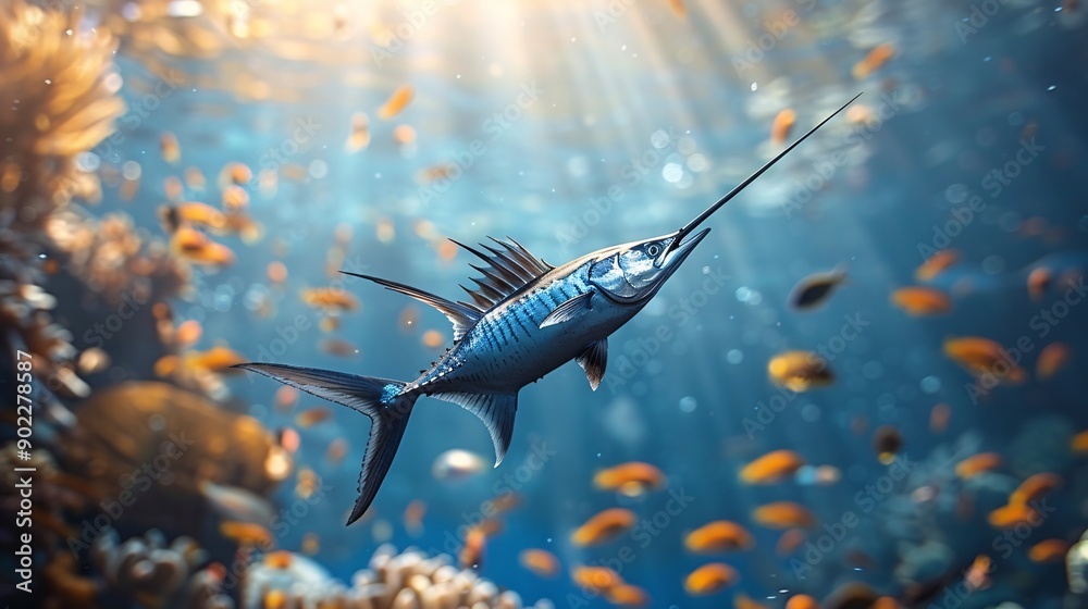Poster detailed depiction of a swordfish with a bill made from metal rods and plastic waste in a murky unde