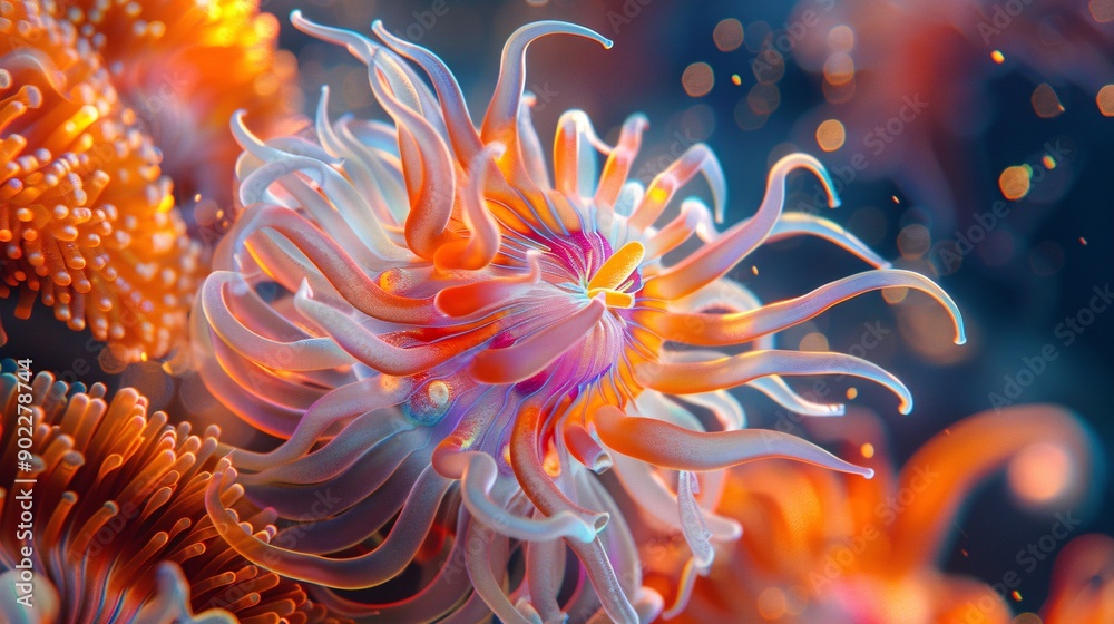 Poster high-resolution shot of a sea anemone composed of colorful plastic strips and chemical waste in a da