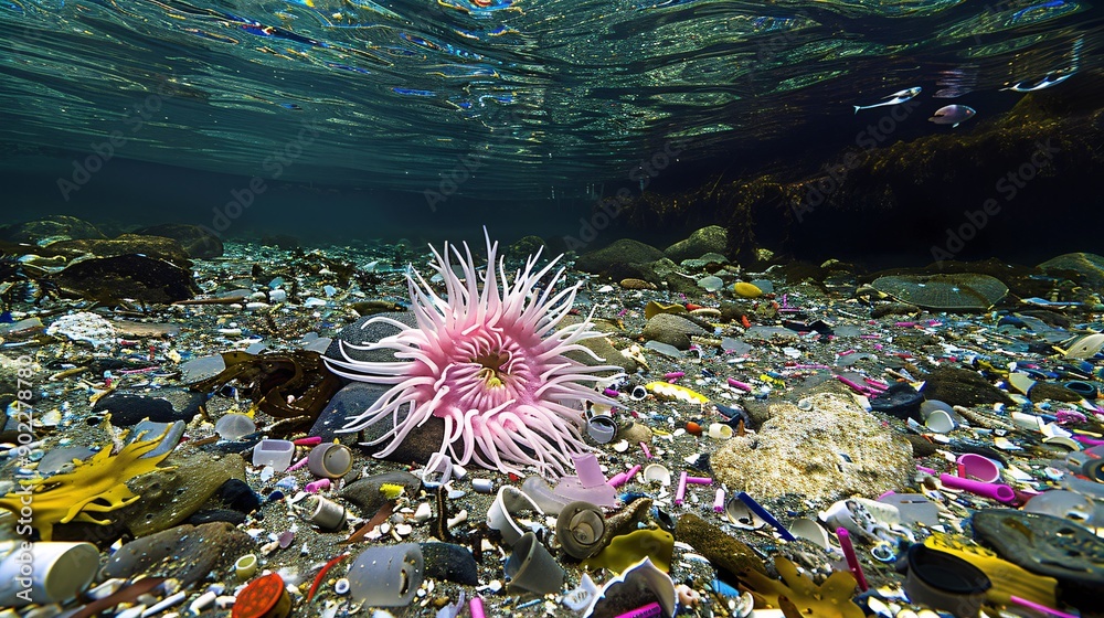 Poster high-resolution shot of a sea anemone composed of colorful plastic strips and chemical waste in a da