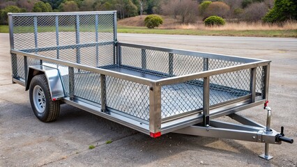 A empty open-top utility trailer attached to a car, ideal for hauling small equipment, tools, and building materials, with a rugged metal mesh floor.