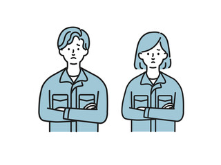 作業服を着て腕を組む男女