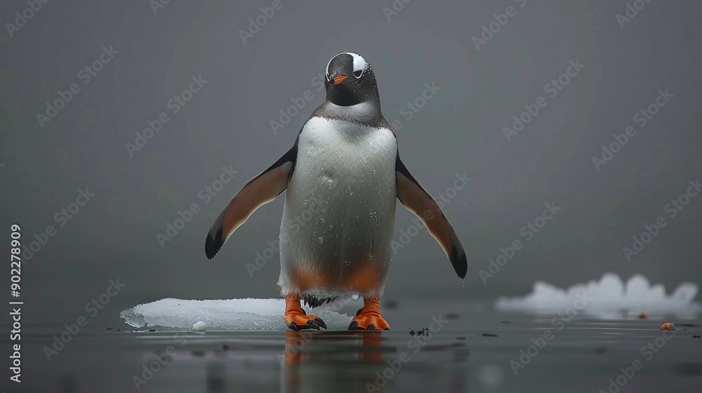 Poster Dreamlike image of a penguin with flippers made from rubber gloves and industrial debris standing on an ice floe with significant empty space on the right side of the image Stock Photo with copy space
