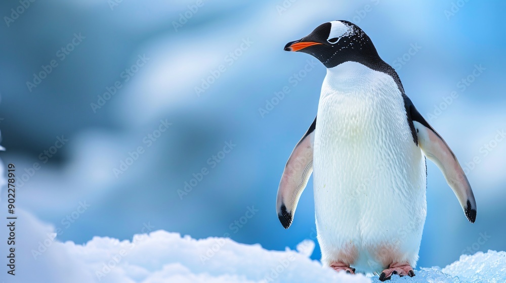 Poster Dreamlike image of a penguin with flippers made from rubber gloves and industrial debris standing on an ice floe with significant empty space on the right side of the image Stock Photo with copy space