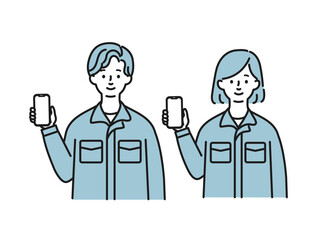 作業服を着て携帯を持つ男女のイラスト