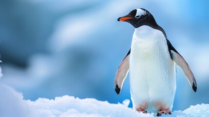 Fototapeta premium Dreamlike image of a penguin with flippers made from rubber gloves and industrial debris standing on an ice floe with significant empty space on the right side of the image Stock Photo with copy space
