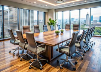 Modern conference table with vacant chairs in a sleek boardroom, awaiting a diverse group of business professionals to engage in a collaborative discussion.