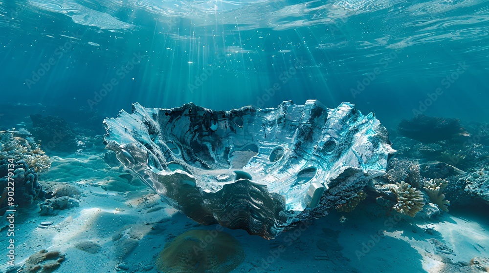 Aufkleber Surreal illustration of a clam with a shell formed from metal scraps and plastic waste in a contaminated underwater scene leaving ample empty space on the left side of the image Stock Photo with copy