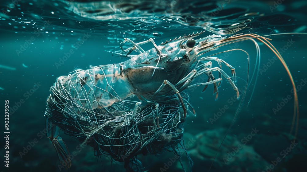 Poster High-detail capture of a shrimp constructed from tangled fishing nets and rubber tires floating through a dark, polluted sea ensuring significant empty space around the edges Stock Photo with copy