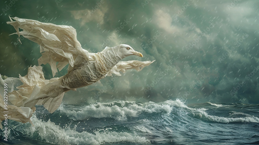 Poster eerie scene of a seagull with feathers made from plastic bags and chemical waste flying over a pollu