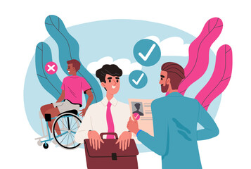 Discrimination against people with disabilities. Employer chooses healthy man. Unemployed young guy at wheelchair. Jobless manager. Flat vector illustration isolated on white background