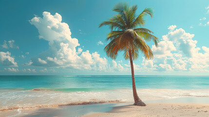Fototapeta premium A palm tree is standing on a beach next to the ocean. The sky is cloudy, but the sun is still shining. The scene is peaceful and relaxing, with the sound of waves crashing in the background