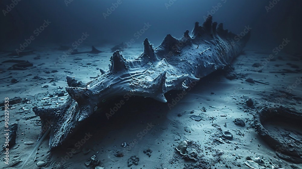 Poster detailed image of a sea cucumber composed of metal scraps and plastic fragments in a haunting underw