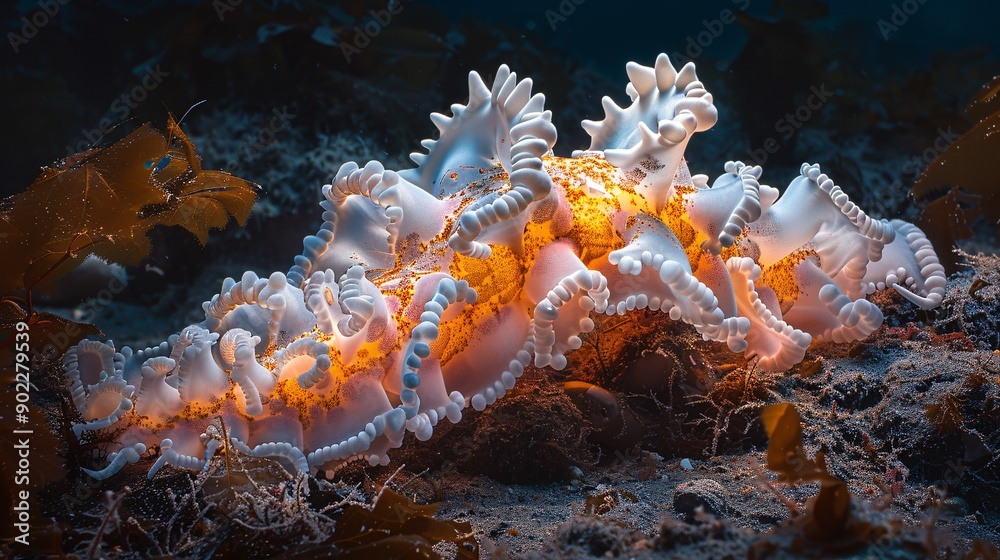 Poster detailed image of a sea cucumber composed of metal scraps and plastic fragments in a haunting underw