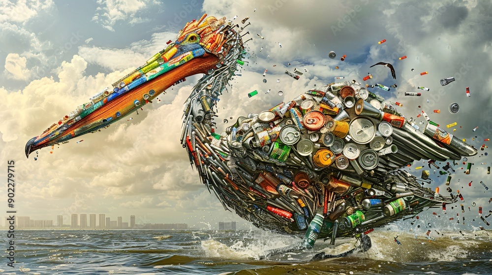 Poster high-resolution depiction of a pelican with a beak made from discarded cans and plastic waste flying