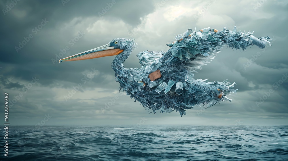 Poster high-resolution depiction of a pelican with a beak made from discarded cans and plastic waste flying