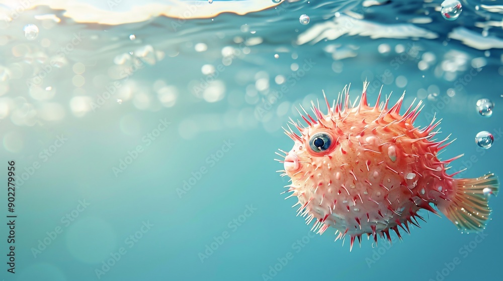 Poster Surrealistic image of a pufferfish with spines made from broken glass and metal debris floating in a polluted ocean with significant empty space on the right side of the image Stock Photo with copy