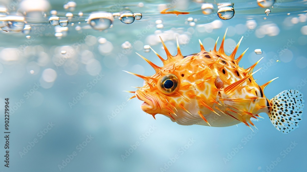Poster Surrealistic image of a pufferfish with spines made from broken glass and metal debris floating in a polluted ocean with significant empty space on the right side of the image Stock Photo with copy