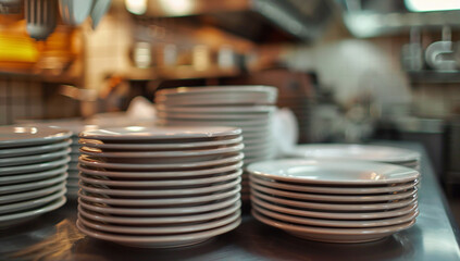 a bunch of plates stacked on a counter