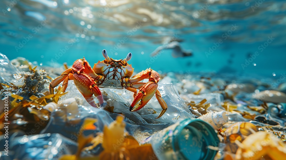Poster High-resolution shot of a crab with claws made from metal scraps and industrial runoff crawling on a polluted seabed ensuring significant empty space around the edges Stock Photo with copy space