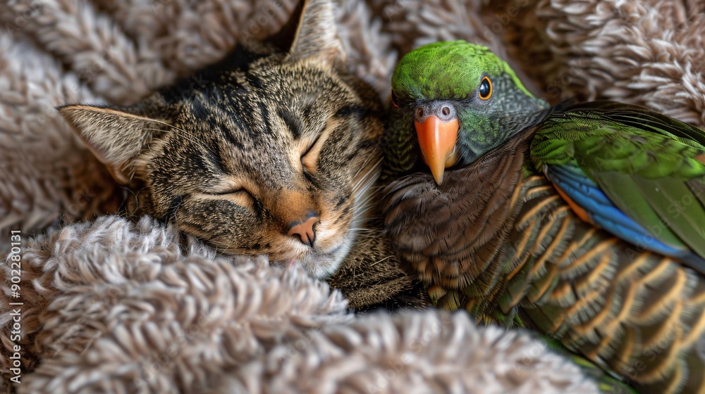Poster Close-up of a cat snuggling with a parrot in a warm and cozy environment ensuring significant empty space on the right side of the image Stock Photo with copy space