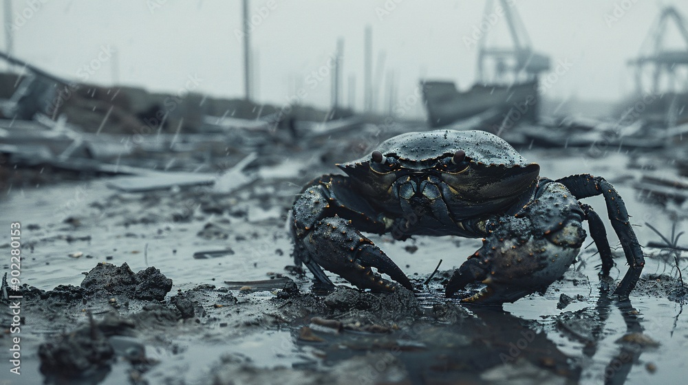 Poster High-resolution shot of a crab with claws made from metal scraps and industrial runoff crawling on a polluted seabed ensuring significant empty space around the edges Stock Photo with copy space