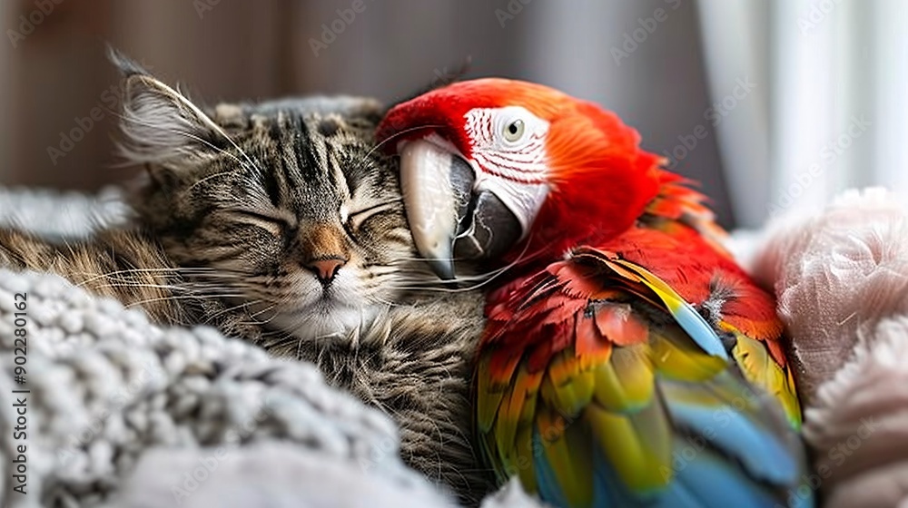 Poster Close-up of a cat snuggling with a parrot in a warm and cozy environment ensuring significant empty space on the right side of the image Stock Photo with copy space