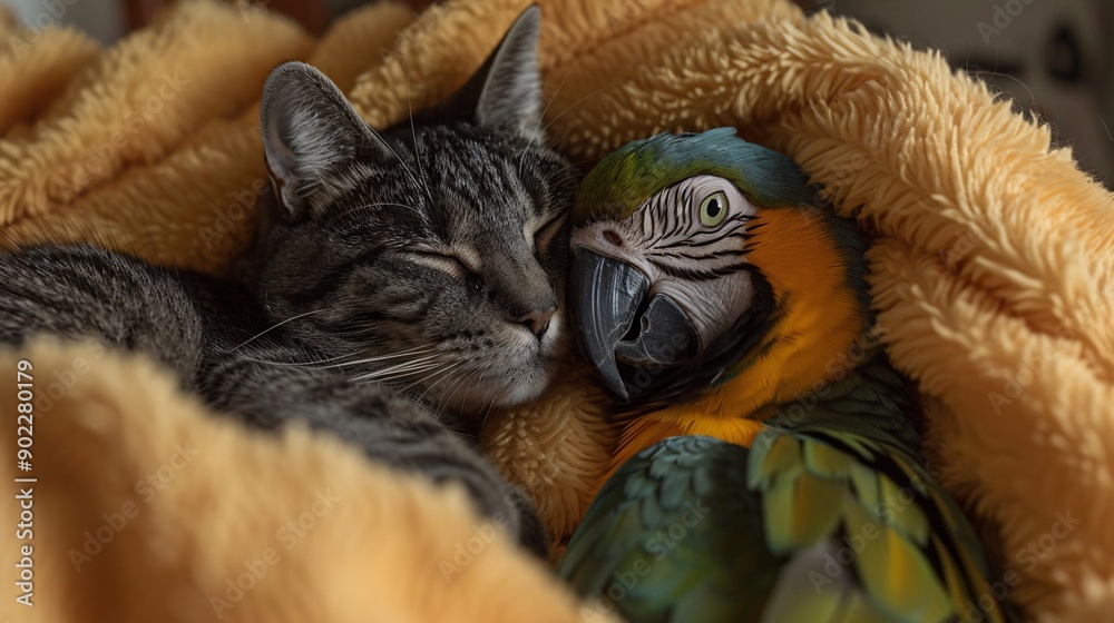 Aufkleber Close-up of a cat snuggling with a parrot in a warm and cozy environment ensuring significant empty space on the right side of the image Stock Photo with copy space