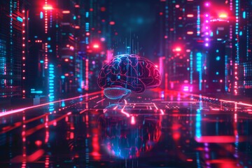 Fototapeta premium Advanced Neon Brain Model on Digital Circuit with Futuristic Glow