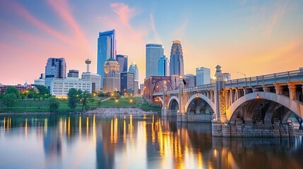 Naklejka premium A Cityscape with a Bridge Over a River at Sunset