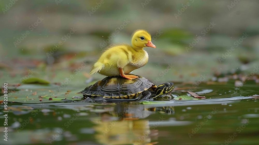 Poster Detailed image of a duckling riding on the back of a turtle in a pond with significant empty space on the right side of the image Stock Photo with copy space