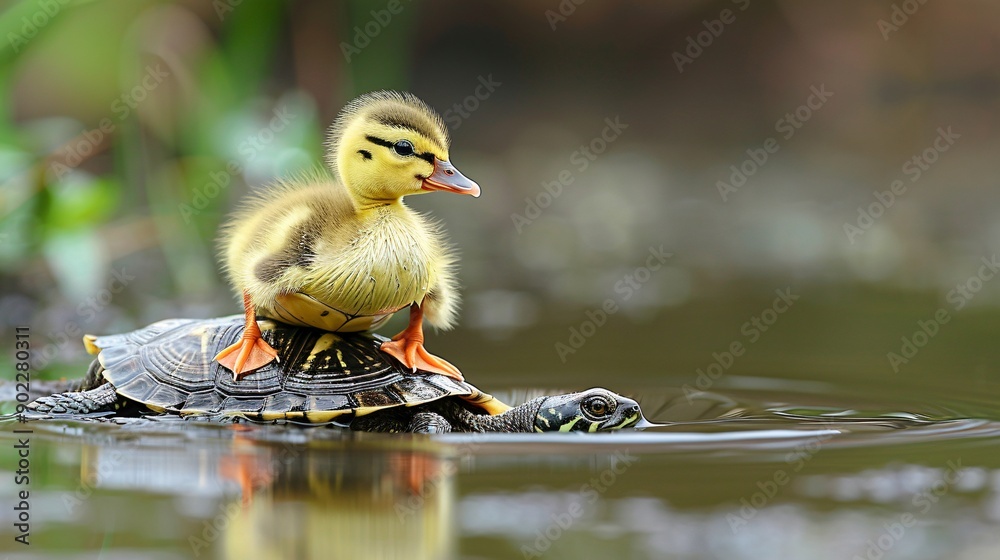 Aufkleber Detailed image of a duckling riding on the back of a turtle in a pond with significant empty space on the right side of the image Stock Photo with copy space