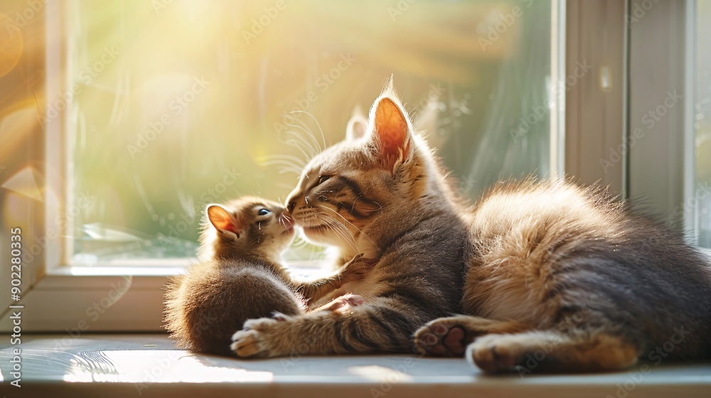Poster High-resolution shot of a cat grooming a baby squirrel on a sunny windowsill leaving ample empty space on the left side of the image Stock Photo with copy space