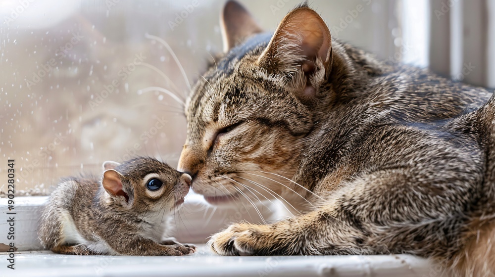 Poster High-resolution shot of a cat grooming a baby squirrel on a sunny windowsill leaving ample empty space on the left side of the image Stock Photo with copy space