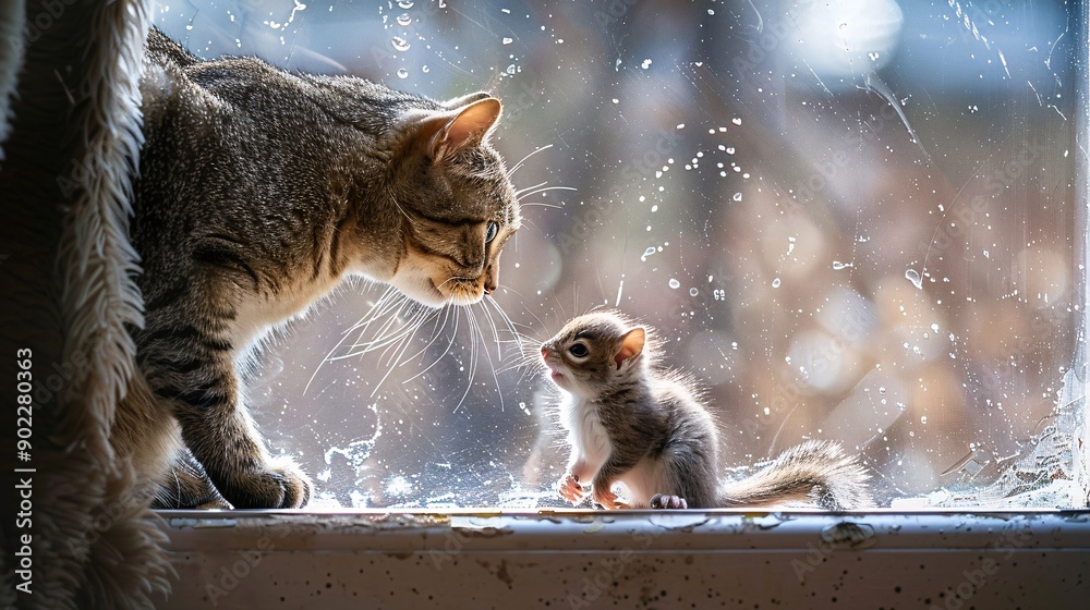 Poster High-resolution shot of a cat grooming a baby squirrel on a sunny windowsill leaving ample empty space on the left side of the image Stock Photo with copy space
