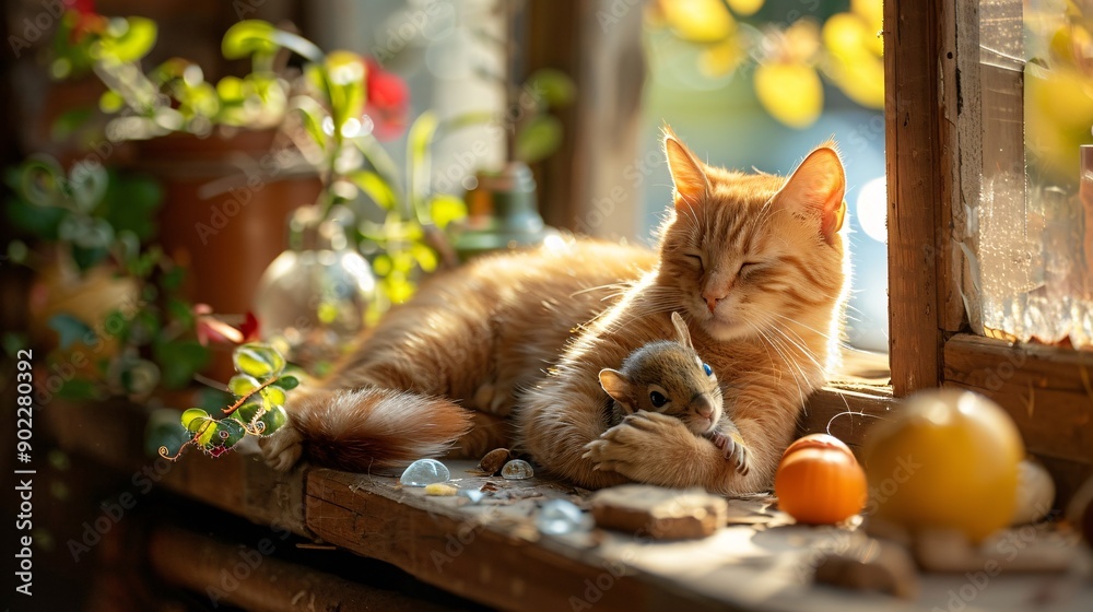 Poster High-resolution shot of a cat grooming a baby squirrel on a sunny windowsill leaving ample empty space on the left side of the image Stock Photo with copy space