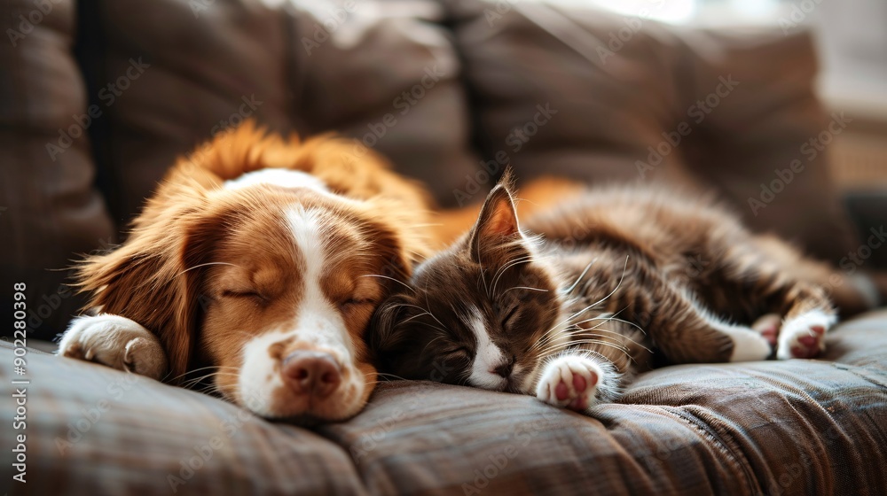 Poster Dog and kitten sharing a nap on a comfortable couch ensuring the subjects are centered with significant empty space around the edges Stock Photo with copy space