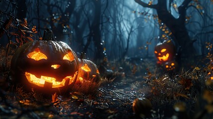 Obraz premium Glowing Jack o lantern pumpkins in a dark forest, a spooky Halloween background with scary trees.