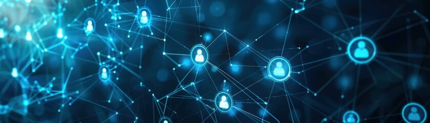 Obraz premium A digital network connecting multiple user icons, symbolizing communication and interaction in a high-tech environment.
