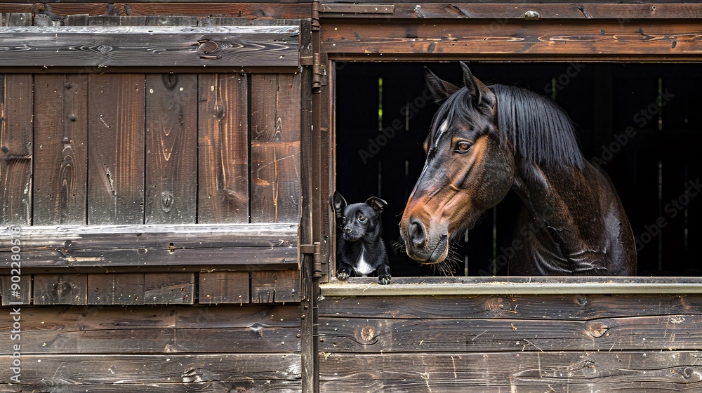 Poster Detailed capture of a horse nuzzling a small dog in a stable leaving ample empty space on the left side of the image Stock Photo with copy space